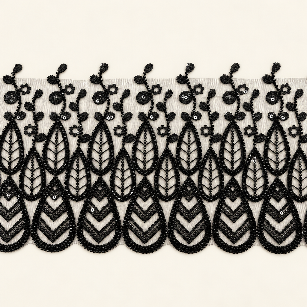 AI-assisted studio presentation of black leaf and teardrop embroidered lace, based on the original sample photo; see original photo for exact details.