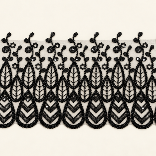 AI-assisted studio presentation of black leaf and teardrop embroidered lace, based on the original sample photo; see original photo for exact details.