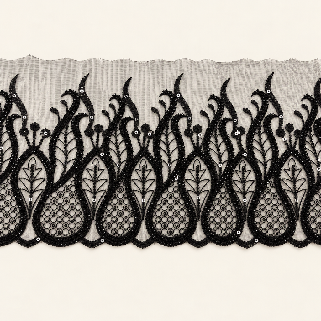 AI-assisted studio presentation of black scroll and leaf embroidered lace, based on the original sample photo; see original photo for exact details.