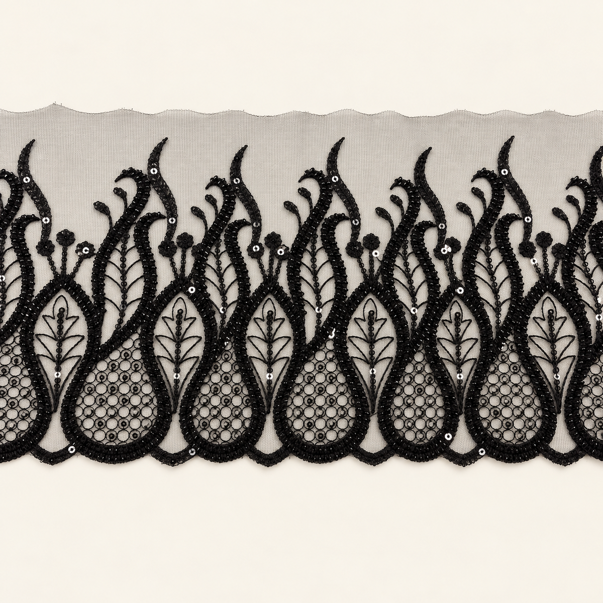 AI-assisted studio presentation of black scroll and leaf embroidered lace, based on the original sample photo; see original photo for exact details.