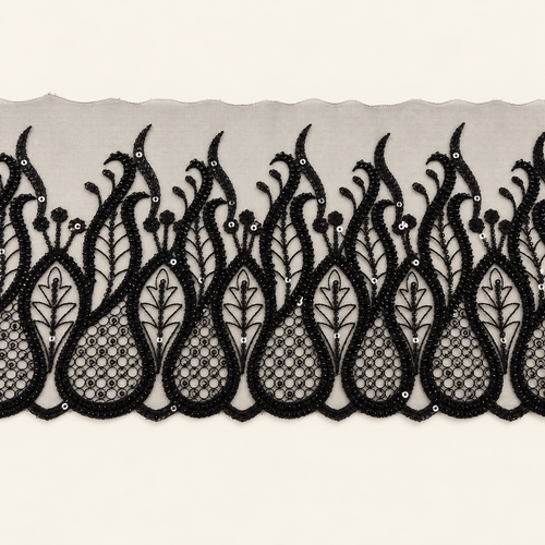 AI-assisted studio presentation of black scroll and leaf embroidered lace, based on the original sample photo; see original photo for exact details.