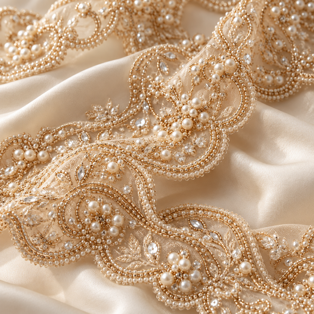 AI-generated design reference of champagne scalloped bead embroidery and pearl-like beads on tulle.