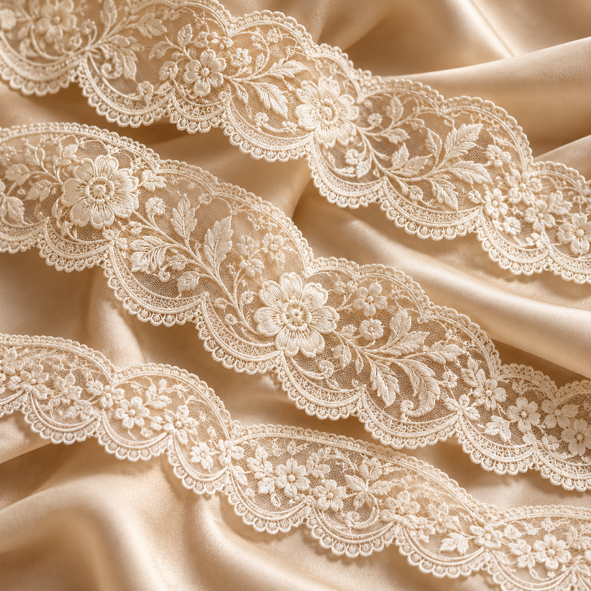 AI-generated design reference of ivory scalloped floral embroidered lace edging on champagne fabric.