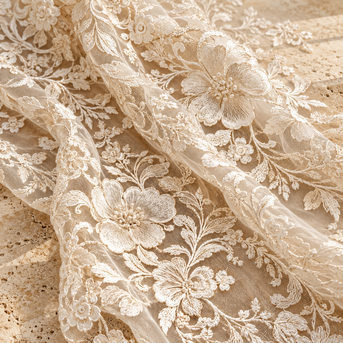 AI-generated design reference of ivory botanical embroidered lace; not an actual stock sample.